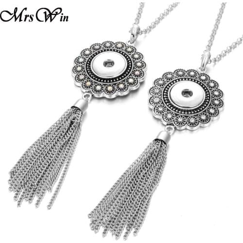 Trendy Ethnic Style Sun flower Snap Button Necklace Long Tassel Snap Pendant Necklace fit 18mm Snap Buttons Jewelry N045