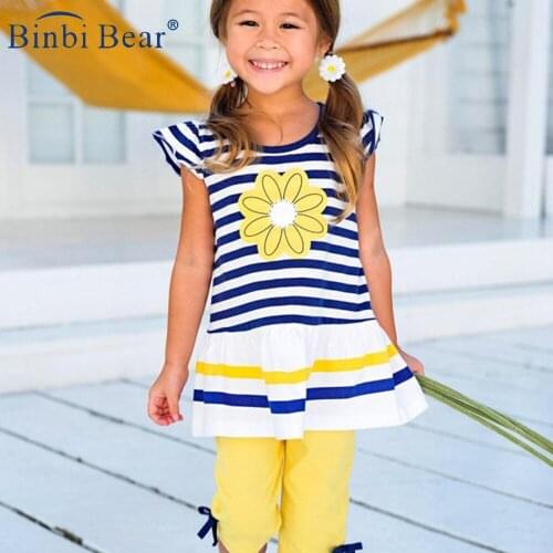 Summer New 2021 Chrysanthemum Striped Girl Kids Clothes Suit Cute Female Baby Round Neck T-shirt Elastic Waist Childrens Pants