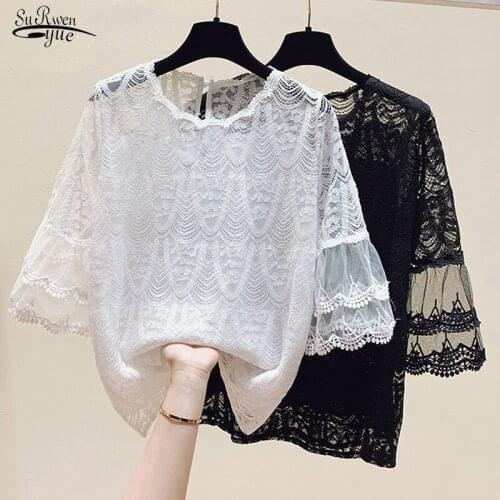 Summer New 2021 Chic Embroidery Cotton Lace O-neck Casual Blouse Plus Size Korean Loose Fashion Womens Flare Sleeve Shirt 15011