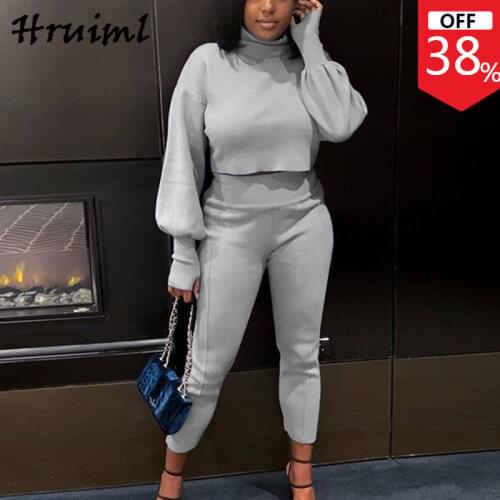 Clothes for Women Elastic Waist Solid Casual Two Piece Set Lantern Sleeve Turtleneck Pullover 2 Piece Sets Womens Outfits