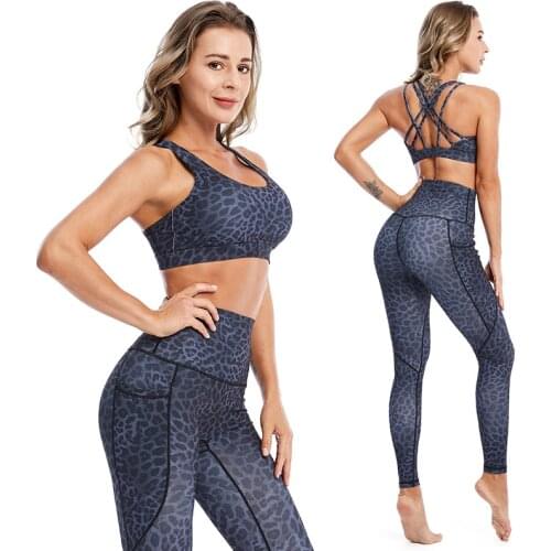 Sports fitness suit womens printed yoga pants cross beauty back bra suit yoga clothes womens elastic fitness sports tights