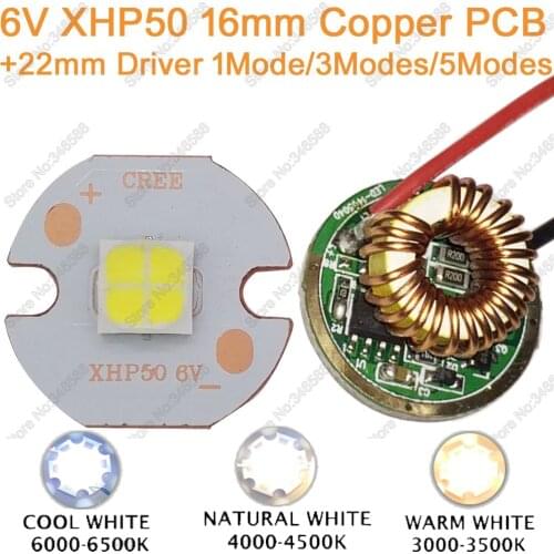 Cree XHP50 Cool White Neutral White Warm White High Power LED Emitter 6V 16mm Copper PCB + 22mm 1Mode / 3modes / 5Modes Driver