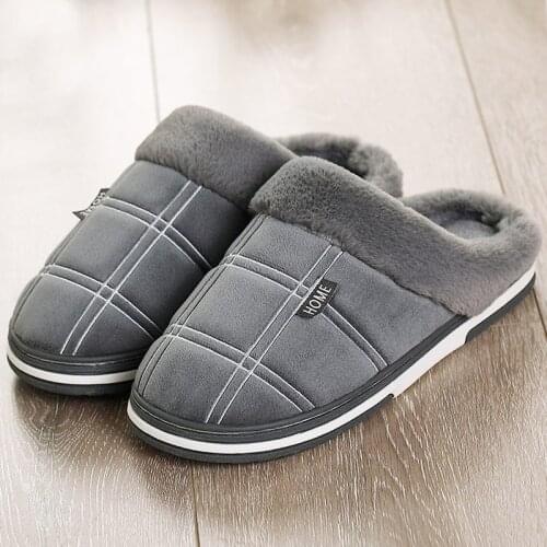 Slippers men winter warm slippers Suede Gingham Short plush Indoor shoes for male Non slip Cozy Waterproof Fur home slides