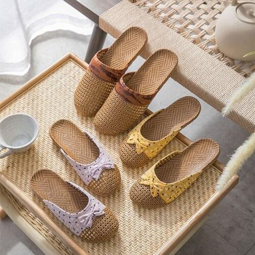 Womens Summer Indoor Slippers Cane Woven Anti-Slip Linen Couples Household Slippers Home Casual Shoes