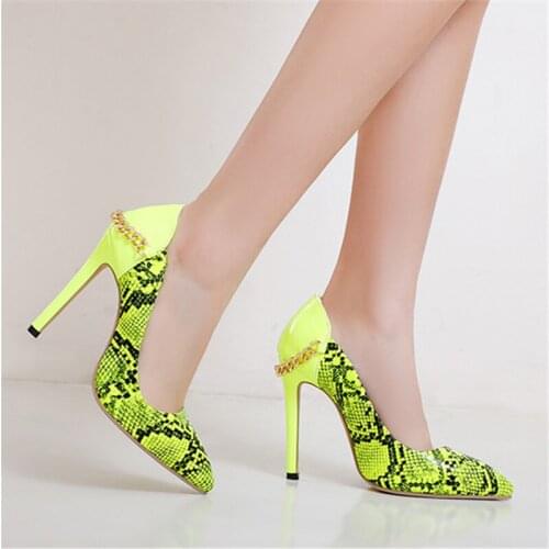Sexy Stilettos Women Snake Print Thin High Heels Embossed Pointed Toe Slip On Basic Pumps Dress Party Wedding Shoes yellow
