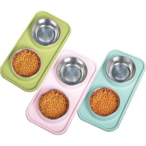 Creative Anti Leakage Stainless Steel Double Bowl with Rectangular Non-Slip Bottom Pad Food Water Feeding Bowl Cat Dog Pet