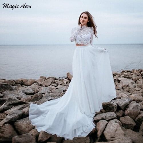 Magic Awn Two Pieces Lace Chiffon Beach Wedding Dresses Long Sleeves Appliques Boho Wedding Party Dress Illusion Vestidos Boda