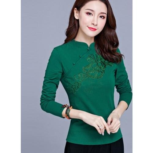 Fall Spring Casual Women Mandarin Collar Full Sleeve Embroidery Red Green Black Tshirt Tops , Woman Slim 4xl Cotton Tee Shirts