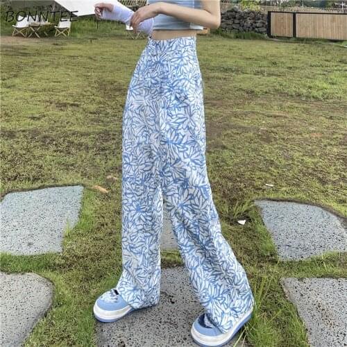 Pants Women Summer Simple Fashion Printing Vintage Korean Style Wide Leg Casual High Waist All-match Streetwear Female Trousers