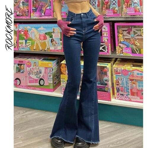 Rockmore Flare Jeans Pants Women Vintage Denim Ladies Jeans Y2K High Waist Stretch Pocket Trousers Plus Size Wide Leg Jeans 2021