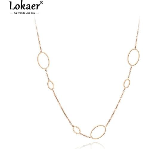 Lokaer Bohemia Stainless Steel Oval Geometry Choker Necklace Jewelry Rose Gold Chain Link Pendant Necklace For Women Girl N19120