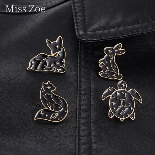 Constellation Stars Enamel Pins Fox Rabbit Deer Sea Turtle Black Gold Animal Badges Brooches Jewelry Gifts For Friends Wholesale
