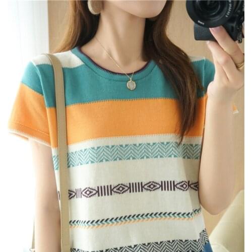 100% Cotton Short-sleeved Summer Ladies O-Neck Color-Blocking Pullover Vest Stitching Contrast Color Base Knitted T-Shirt