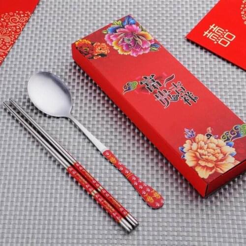 100 Set/Lot Stainless Steel Dinnerware Double Happiness Red Color Spoons Chopstick Sets Wedding Party Gifts For Guest
