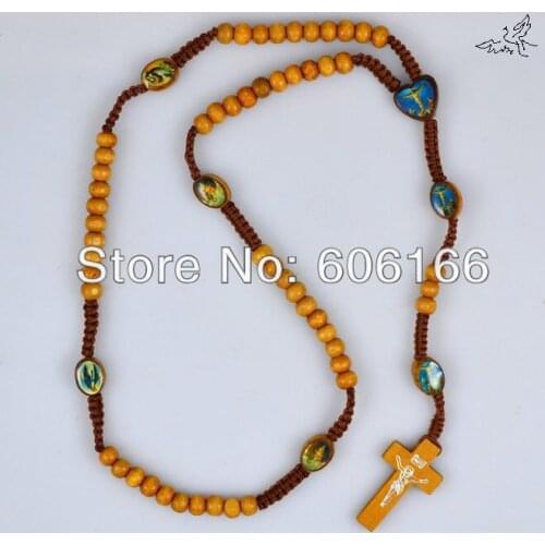 24pc/lot Light Brown Holy Icon Wooden Rosary Beads Necklace Jesus Cross Pendant Necklaces Wood Religious Cross Jewelry