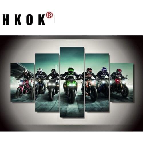 HKOK 5 Panels Motorcycle Race Tableau Printed Posters Modern Wall Art HD Pictures Canvas Paintings Living Bedroom Home Decor