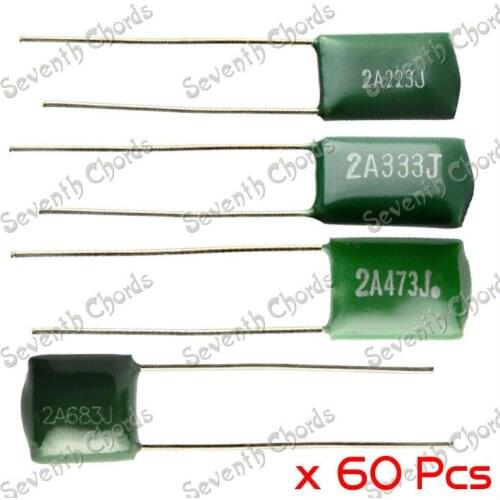 60 Pcs Electric Bass Guitar Polyester capacitors 2A223J 0.023UF/2A333J 0.033UF/2A473J 0.047UF/ 2A683J 0.068UF/Rated Voltage 100V
