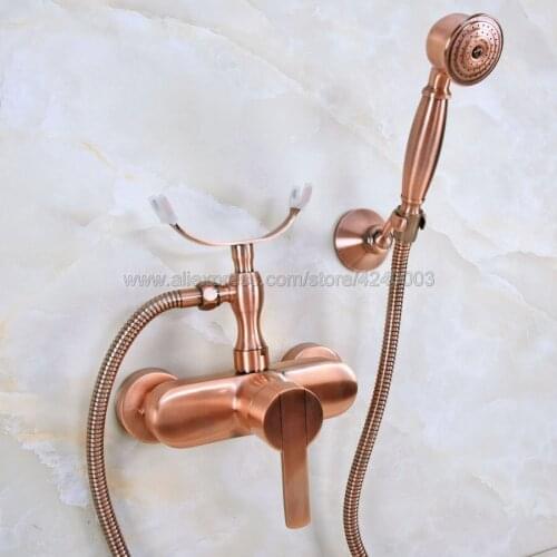 Antique Red Copper Bathroom Shower Faucet Bath Faucet Mixer Tap With Hand Shower Head Set Wall Mounted Kna349