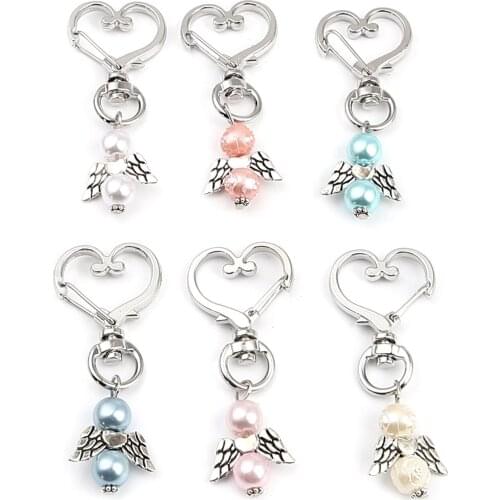 3 PCs Fashion Cute ABS Religious Keychain & Keyring Silver Color Blue Angel Heart 58mm For Women Girls Gifts
