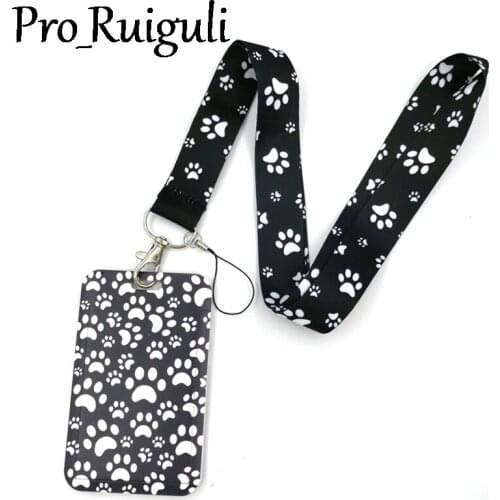 Black Dog Paws Fashion Lanyard ID Badge Holder Bus Pass Case Cover Slip Bank Credit Card Holder Strap Card Holder