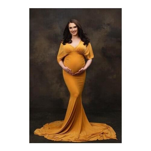 Classic Mermaid Maternity Dresses Short Sleeves V Neck Floor Length With Train Women Stretch Dressing Gowns Plus Size Spandex