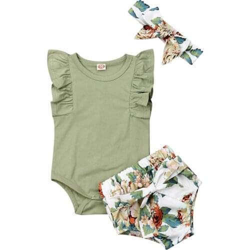 Newborn Kids Baby Girl Summer Floral Sunsuit Clothes Toddler Cotton Ruffles Sleeveless Romper Bodysuit Shorts Headband Outfits