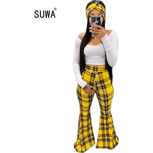 Fashion Retro Plaid Print High Waist Long Flare Pants Wholesale Hot Sale Streetwear Women Slim Boot-cut Trousers 3 Color