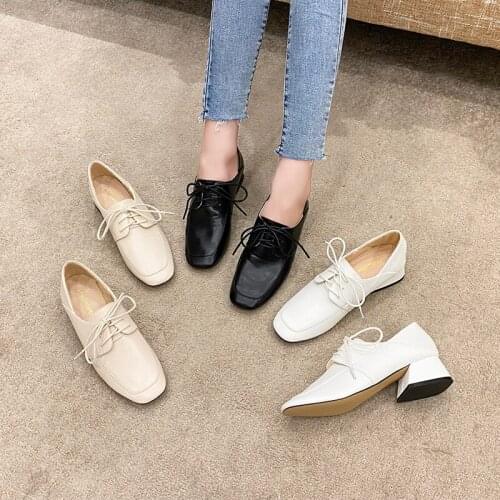2021 New Women Flats Shoes 4cm Low Heel Square Toe Lace Up Oxford Slip On Female Suede Leather Footwear Flat Plus Size