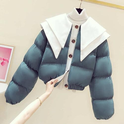 Single Breasted Sweet Short Winter Jacket Coat Women Loose Doll Collar Stitching Cotton Jackets For Women 2021 Outerwear C7717