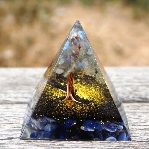 Handmade Orgonite Pyramid 60mm Tree of Life Gray Moonstone & Sodalite Stone HEALING Crystal Reiki Orgone Chakra EMF Protection