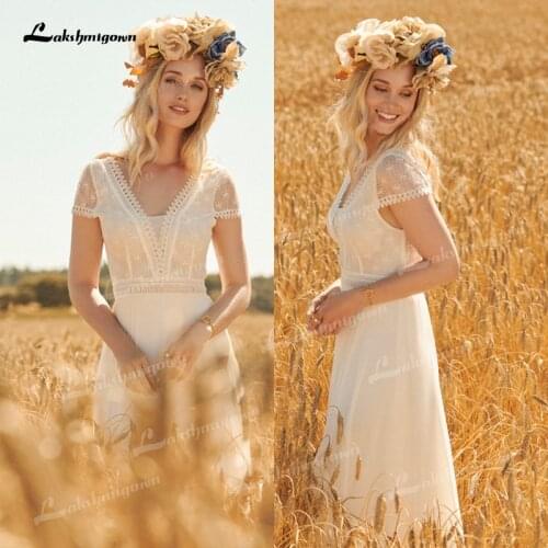 Simple Bohemian Wedding Dress V-Neck Cap Sleeve A Line Boho Bridal Gowns vestido de noiva Elegant Plus Size Bride Dress 2021