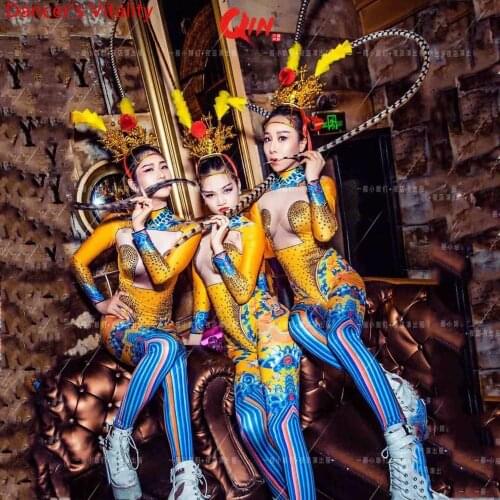 Mid-Autumn New Year Chinese Style False Perspective Body Suit Nightclub Bar Male Female Singer DJ Performance Costume Garments