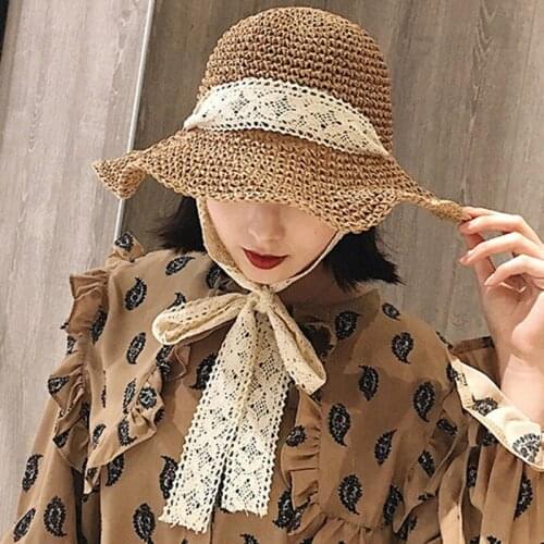Straw Woven Foldable Fisherman Hat Female Summer SunscreenTether Handmade Crochet Hat Beach Vacation Sunshade Hat New