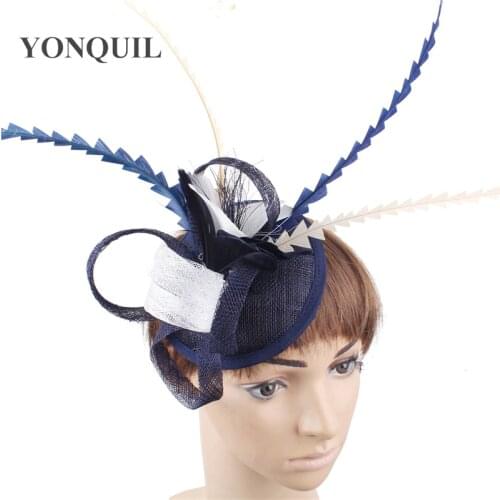 Bride Fascinators For Weddings Church Sinamay Headpiece Fancy Feather Wedding Bridal Chapeau Cap With Feather Flower Accessory