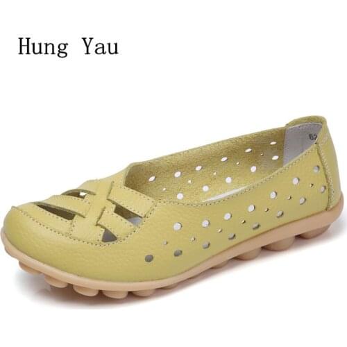 Women Shoes Flats Genuine Leather 2018 Summer Sandals Fashion Hollow Casual Shoes Woman Flat Work Slip On Walking Loafers