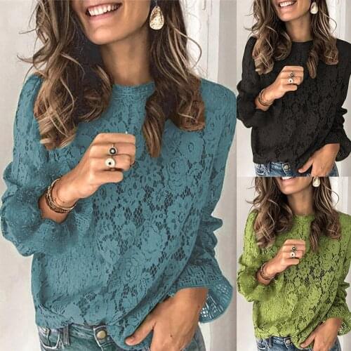 Sexy Women Solid Color Flared Sleeve O Neck Hollow Out Lace Blouse Shirt Top Spring Summer Sweater and Long Sleeve Casual