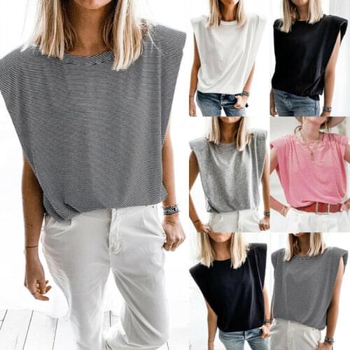 Women Summer Sleeveless T Shirt Ladies Basic Shoulder Pads Tee Causal Top New