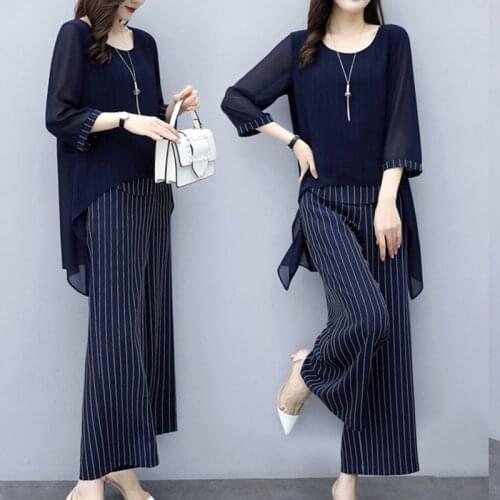 M-5XL Summer Chiffon 2 Piece Sets Women Plus Size Casual Loose Asymmetrical Blouses And Stripe Wide Leg Pants Suits Elegant Sets