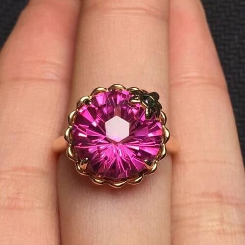 Fine Jewelry Real 18K Rose Gold AU750 100% Natural Round Pink Topaz Gemstone Female Rings for Women Fine Ring