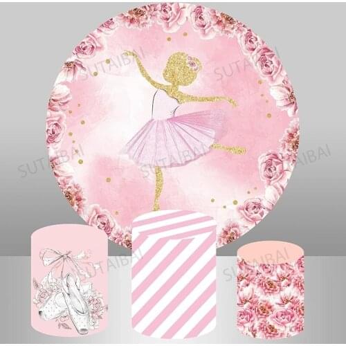 Gold Glitter Fairy Dance Ballerina Girl Party Round Backdrop Flower Pink Birthday Circle Background Covers Dessert Table Decor