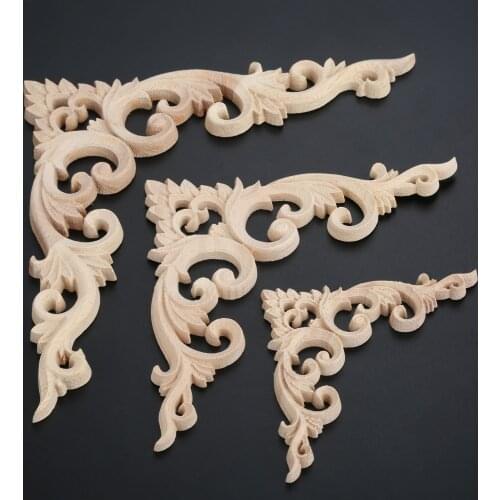 1pc 10/15/20cm Woodcarving Corner Decal Unpainted Wood Carved Decal Onlay Applique Frame Home Furniture Door Decor Crafts Flower