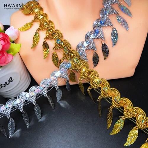 10yard 6cm gold silver leaf shiny Leaf Pendant lace fabric ribbon christmas decoration DIY wedding party favors belly dance LACE