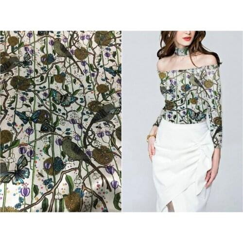 108cm wide 19mm 97% silk & 3% spandex flowers and birds vines print stretch silk satin fabric for dress shirt clothes cheongsam