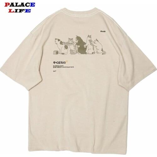 2020 Men Hip Hop T Shirt Streetwear Japanese Kanji Harajuku Funny Cat T-Shirt Summer Short Sleeve Tops Tees Cotton Print Tshirts