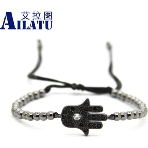 Ailatu 4mm High Quality Plated Bronze Beads Yellow or Clear Eye Hamsa Hand CZ Charm Braiding Macrame Bracelet