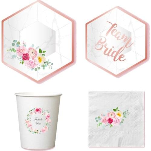 Rose Gold Paper Disposable tableware Rose Print Plates Bachelorette Party Bridal Shower Supplies Wedding Table Decorations