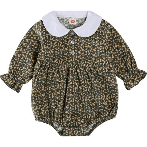 Toddler Girls Romper, Floral Top, Long Sleeve Pleated High Waist Crotch Buttons Fall Winter Clothes