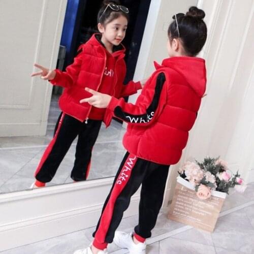 2021 Girls Winter Set Child Sports Thick Fleece Hoodies+Pants+Vest 3pcs Sets Childrens Clothing Boy Sweatshirts Casual Suits