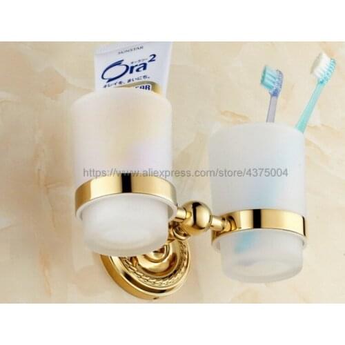 Double Cup Holder Toothbrush Holder with Ceramic Cups Golden Brass Rack Tumbler Holder Wall Mounted Nba610