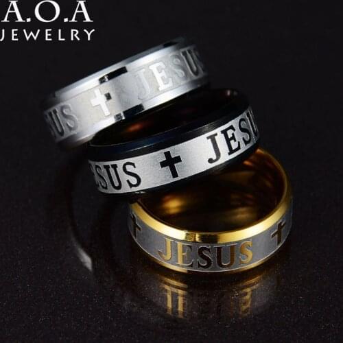 Hot Sale 316L Stainless Steel Full Size Jesus Ring Prayer Christian Jesus Cross Religious Cocktail Ring For Party